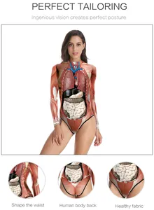 Detail view of Halloween bodysuit with anatomical internal organs and muscle print