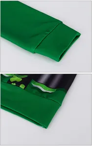 Detail of ribbed cuffs and shamrock print on St. Patrick's Day green hoodie sweatshirt