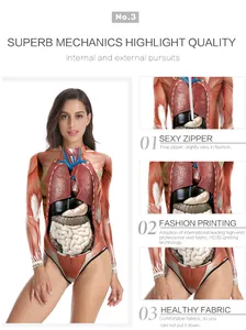 Detail view of the realistic 3D anatomical organ print and back zipper on this bodysuit