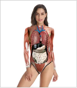 Detail of 3D anatomical organ print on long-sleeved Halloween bodysuit costume