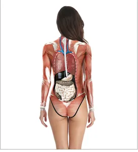 Detailed back view of bodysuit showing anatomical muscle fiber and organ print texture