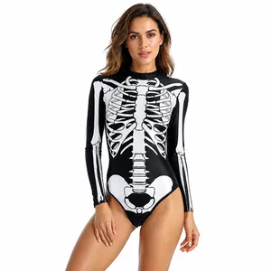 Damen Halloween Skelett Druck Langarm Bodysuit Stehkragen Badeanzug Aufführung Party Kostüm Polyester Elasthan Jumpsuit