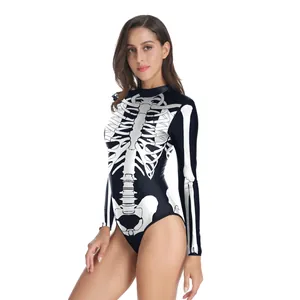 Halloween-Body für Damen mit Knochen-Druck, langärmelig, eng anliegend und schwarz