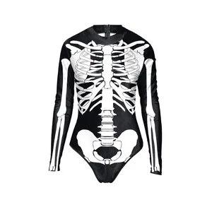 Eng anliegender Halloween Skelett-Bodysuit mit Stehkragen und langen Ärmeln für Damen