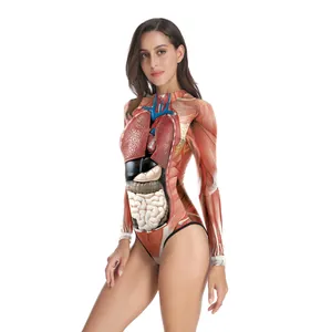 Long sleeve swimsuit featuring detailed human anatomy organ and muscle prints