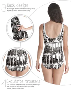 Detail of women's one-piece swimsuit with architectural sketch print and back design