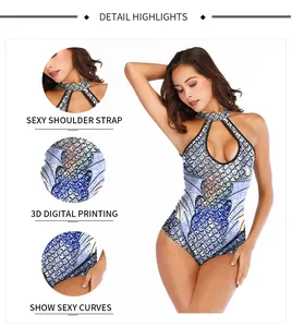 Detail view of 3D digital scale print on a slimming backless one-piece swimsuit
