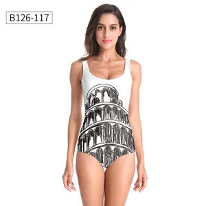 Detail of white one-piece swimsuit featuring a black Leaning Tower of Pisa line art print