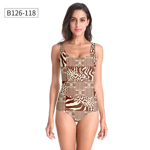 Front detail of women's one-piece swimsuit featuring leopard and zebra print patterns