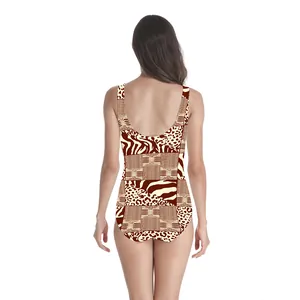 Detail of a backless swimsuit with animal prints including leopard and zebra patterns