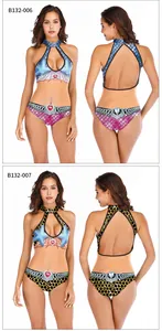 Detail view of backless one-piece swimsuits with 3D mermaid scale and honeycomb prints