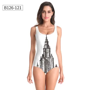 Detailed front view of a white one-piece swimsuit featuring black architectural sketches