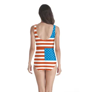 U-shaped backless detail of American flag print one-piece swimsuit for beach vacation