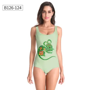 Detail of light green one-piece swimsuit featuring a colorful Chinese zodiac rat print