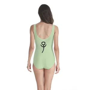 Detail of light green one-piece swimsuit featuring a black line art graphic on the back