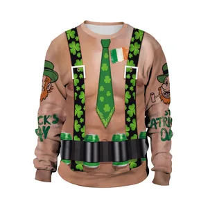Funny St. Patrick's Day sweatshirt featuring muscle torso print and shamrock suspenders