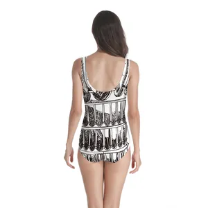 Women's one-piece swimsuit with black and white architectural print and deep U-back