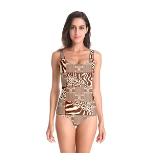 One-piece leopard and zebra print patchwork swimsuit with a U-neckline and wide straps
