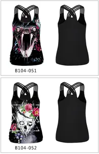 Detail view of 3D skull and snake digital print tank tops with crisscross back straps