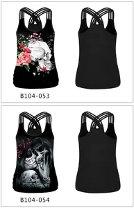 Detail of cross-back straps on women's tank top with skull and rose floral 3D digital prints