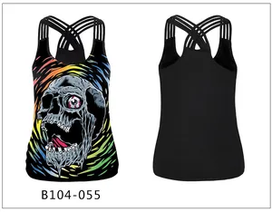 Detail of cross-back straps and vibrant 3D skull print on a black women's tank top