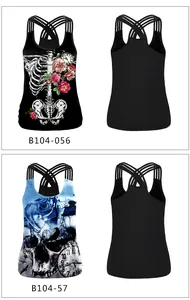 Detail view of lace-up camisoles featuring ribcage rose and skull prints for Halloween