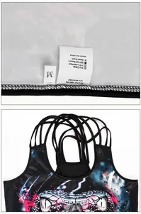 Detail of cross straps and fabric labels on the 3D skull print Halloween vest