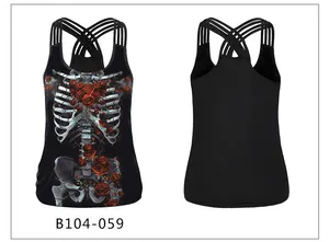 Detail view of gothic tank top featuring skull and red rose print with crisscross straps