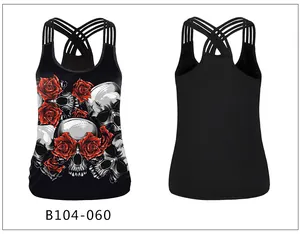 Front and back view of a black Halloween tank top with skull and red rose floral print