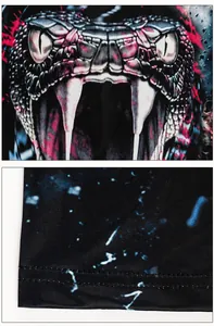 Detail showing the 3D snake head print and double-stitched hem on a Halloween tank top