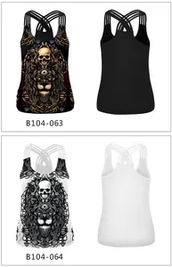 Detail of Halloween racerback tanks with skull prints and intricate criss-cross back straps