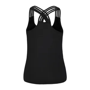 Women's black athletic tank top featuring a stylish multi-strap criss-cross back design