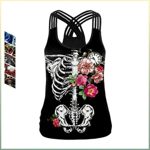 Women's Gothic Skeleton Rose Criss Cross Halter Tank Top Polyester Spandex Sexy Backless Halloween Party Sleeveless Vest