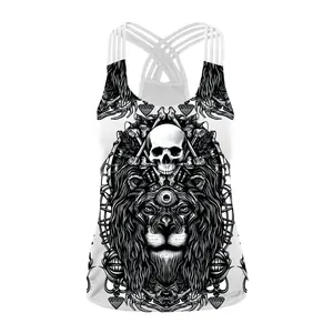 Women's sexy gothic lace-up tank top with skull and lion print and crisscross back