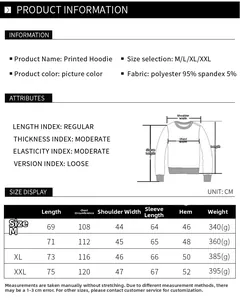Size chart for St. Patrick's Day printed hoodie showing measurements from M to XXL