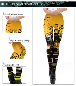Detail of high-waist elastic leggings with yellow Halloween 3D skull and bat prints