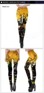 Three-sided view of 3D Halloween skull and pumpkin pattern on slim fit leggings