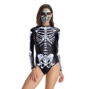 Maillot de Bain Une Pièce Halloween Imprimé Squelette Femmes Manches Longues Fermeture Éclair Dos Polyester Sport