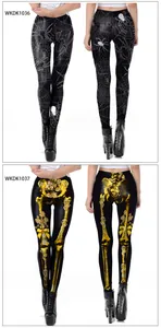 Detail of Halloween leggings with white spider webs and golden skeleton rose prints