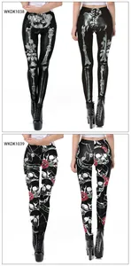Detail of 3D skull and red rose prints on stretchy black Halloween leggings for women
