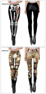 Close-up of 3D skeleton print leggings with red roses and steampunk gear motifs