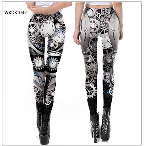Front and back views of steampunk leggings featuring 3D mechanical gear and clock prints