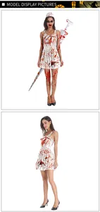 Détail du costume d'infirmière zombie d'Halloween avec taches de sang et coiffe assortie