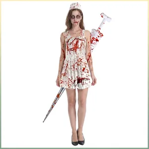 Costume d'Infirmière Zombie d'Halloween pour Femme Imprimé Éclaboussures de Sang Robe Mini Trapèze Sans Manches pour Fête Cosplay d'Horreur