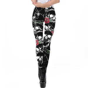 Women's Halloween leggings featuring 3D skull and red rose prints on black stretch fabric