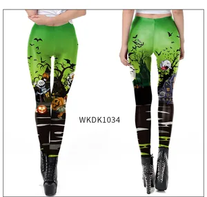 Front and back view of Halloween leggings featuring glowing pumpkins and skeletons print