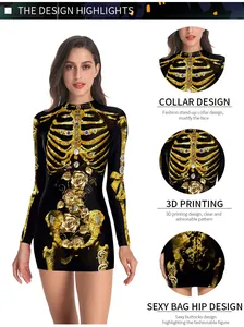 Détails de la mini robe Halloween avec squelette doré 3D et imprimés floraux
