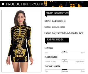 Détails de la robe d'Halloween avec imprimé squelette 3D et propriétés du tissu
