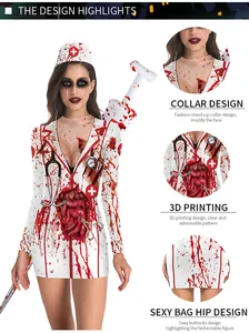Detail showing the 3D blood print design and slim fit cut of this zombie nurse dress