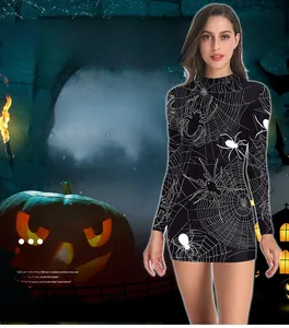 Detail of slim-fit Halloween dress featuring white spider web patterns on black fabric